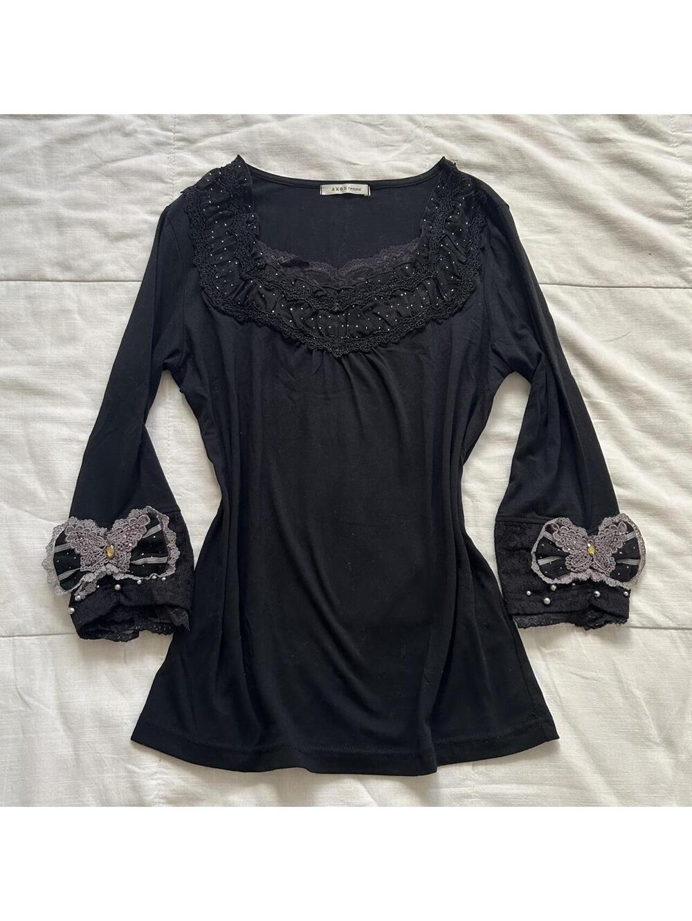 Axes Femme Black Lace Bow Pearl 3/4 Sleeve Top M Japan
